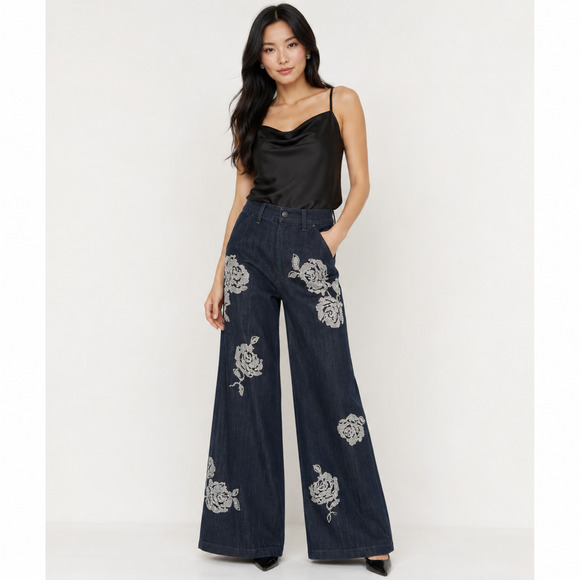 cinq a sept Denim - Cinq à Sept Francine Heatset Rose Wide Leg Jeans Denim Pants Embellished